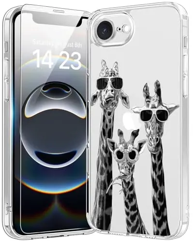 bicol for iPhone 16e Case with Screen Protector, Enhanced Camera Protection, Crystal Acrylic Clear with Fashionable Pattern Designs for Girls Women, Slim Fit Protective Phone Cover, Giraffe Family - 1