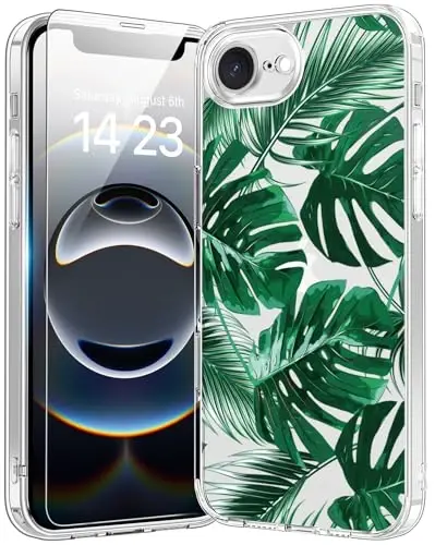 bicol for iPhone 16e Case with Screen Protector, Enhanced Camera Protection, Crystal Acrylic Clear with Fashionable Pattern Designs for Girls Women, Slim Fit Protective Phone Cover, Green Leaves - BICOL