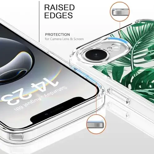 bicol for iPhone 16e Case with Screen Protector, Enhanced Camera Protection, Crystal Acrylic Clear with Fashionable Pattern Designs for Girls Women, Slim Fit Protective Phone Cover, Green Leaves - 2