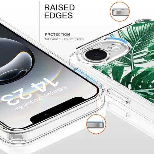 bicol for iPhone 16e Case with Screen Protector, Enhanced Camera Protection, Crystal Acrylic Clear with Fashionable Pattern Designs for Girls Women, Slim Fit Protective Phone Cover, Green Leaves - 2