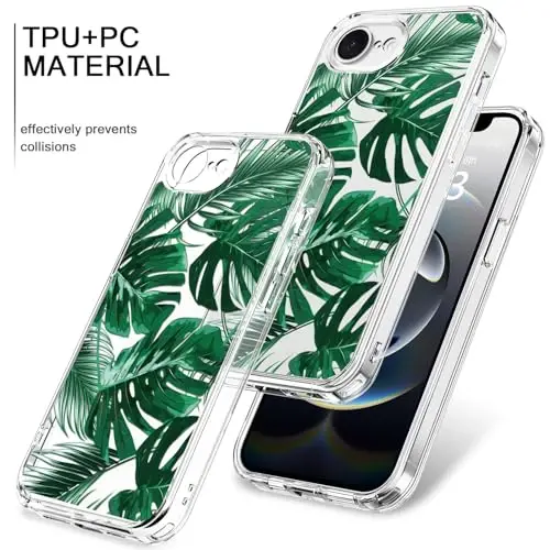 bicol for iPhone 16e Case with Screen Protector, Enhanced Camera Protection, Crystal Acrylic Clear with Fashionable Pattern Designs for Girls Women, Slim Fit Protective Phone Cover, Green Leaves - 3