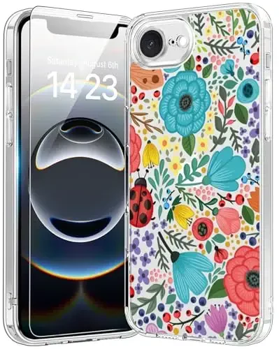 bicol for iPhone 16e Case with Screen Protector, Enhanced Camera Protection, Crystal Acrylic Clear with Fashionable Designs for Girls Women, Slim Fit Protective Phone Cover, Multi-Colored Blossoms - 1