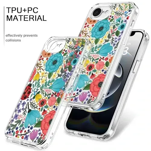 bicol for iPhone 16e Case with Screen Protector, Enhanced Camera Protection, Crystal Acrylic Clear with Fashionable Designs for Girls Women, Slim Fit Protective Phone Cover, Multi-Colored Blossoms - 3