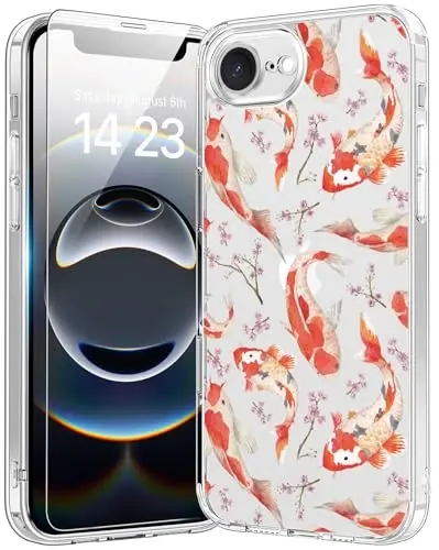 bicol for iPhone 16e Case with Screen Protector, Enhanced Camera Protection, Crystal Acrylic Clear with Fashionable Pattern Designs for Girls Women, Slim Fit Protective Phone Cover, Elegant Fishes 