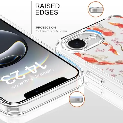 bicol for iPhone 16e Case with Screen Protector, Enhanced Camera Protection, Crystal Acrylic Clear with Fashionable Pattern Designs for Girls Women, Slim Fit Protective Phone Cover, Elegant Fishes - BICOL (1)