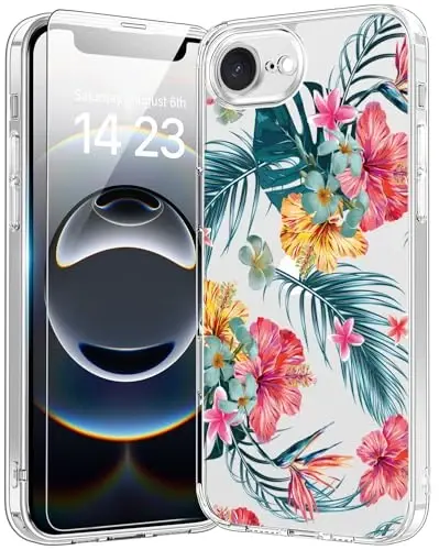 bicol for iPhone 16e Case with Screen Protector, Enhanced Camera Protection, Crystal Acrylic Clear with Fashionable Designs for Girls Women, Slim Fit Protective Phone Cover, Pink Yellow Floral 