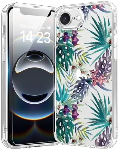 bicol for iPhone 16e Case with Screen Protector, Enhanced Camera Protection, Crystal Acrylic Clear with Fashionable Designs for Girls Women, Slim Fit Protective Phone Cover,Colored Tropical Leaves 