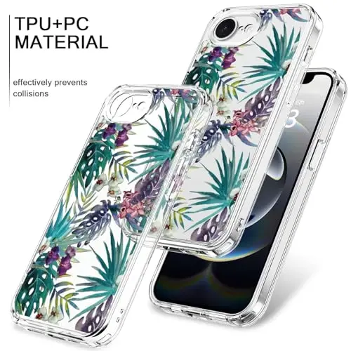 bicol for iPhone 16e Case with Screen Protector, Enhanced Camera Protection, Crystal Acrylic Clear with Fashionable Designs for Girls Women, Slim Fit Protective Phone Cover,Colored Tropical Leaves - 3