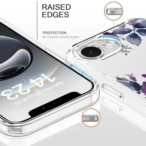bicol for iPhone 16e Case with Screen Protector, Enhanced Camera Protection, Crystal Acrylic Clear with Fashionable Pattern Designs for Girls Women, Slim Fit Protective Phone Cover, Purple Flowers - 2