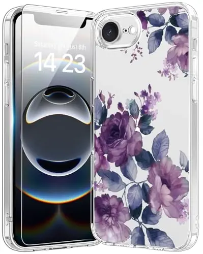 bicol for iPhone 16e Case with Screen Protector, Enhanced Camera Protection, Crystal Acrylic Clear with Fashionable Pattern Designs for Girls Women, Slim Fit Protective Phone Cover, Purple Flowers 