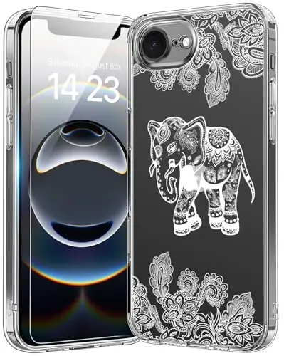 bicol for iPhone 16e Case with Screen Protector, Enhanced Camera Protection, Crystal Acrylic Clear with Fashionable Designs for Girls Women, Slim Fit Protective Phone Cover, Beautiful Elephant 