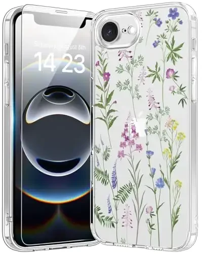 bicol for iPhone 16e Case with Screen Protector, Enhanced Camera Protection, Crystal Acrylic Clear with Fashionable Designs for Girls Women, Slim Fit Protective Phone Cover, Little Flowers Leaves - 1