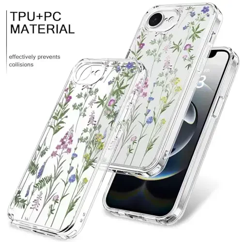 bicol for iPhone 16e Case with Screen Protector, Enhanced Camera Protection, Crystal Acrylic Clear with Fashionable Designs for Girls Women, Slim Fit Protective Phone Cover, Little Flowers Leaves - 3