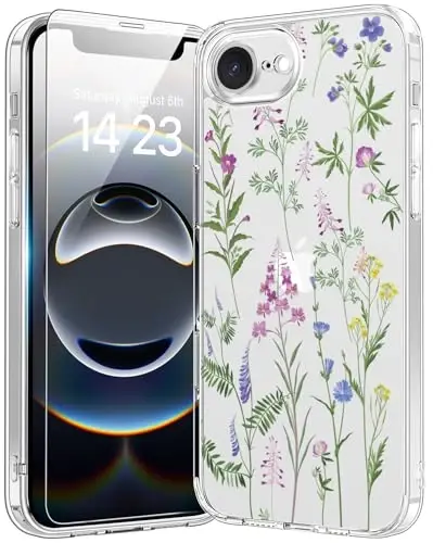 bicol for iPhone 16e Case with Screen Protector, Enhanced Camera Protection, Crystal Acrylic Clear with Fashionable Designs for Girls Women, Slim Fit Protective Phone Cover, Little Flowers Leaves 