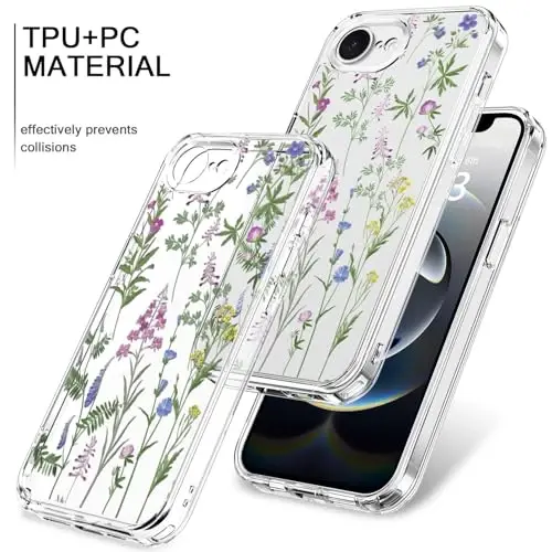 bicol for iPhone 16e Case with Screen Protector, Enhanced Camera Protection, Crystal Acrylic Clear with Fashionable Designs for Girls Women, Slim Fit Protective Phone Cover, Little Flowers Leaves - 3