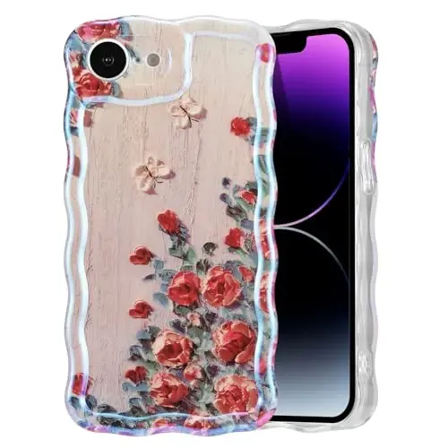 iPhone 16e için EYZUTAK Kılıfı, Renkli Retro Yağlı Boya Baskılı Çiçek Lazer Parlak Desen Sevimli Kıvırcık Dalga Kenarı Zarif Telefon Kılıfı Şık Dayanıklı TPU Kız Kadın için Koruyucu Kılıf - Bej 