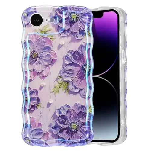 EYZUTAK Case for iPhone 16e, Colorful Retro Oil Painting Printed Flower Laser Glossy Pattern Cute Curly Wave Edge Exquisite Phone Cover Stylish Durable TPU Protective Case for Girl Women - Purple - 1