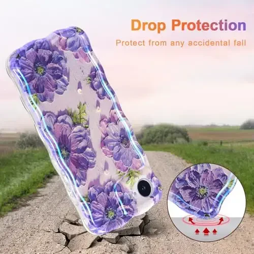 EYZUTAK Case for iPhone 16e, Colorful Retro Oil Painting Printed Flower Laser Glossy Pattern Cute Curly Wave Edge Exquisite Phone Cover Stylish Durable TPU Protective Case for Girl Women - Purple - 3