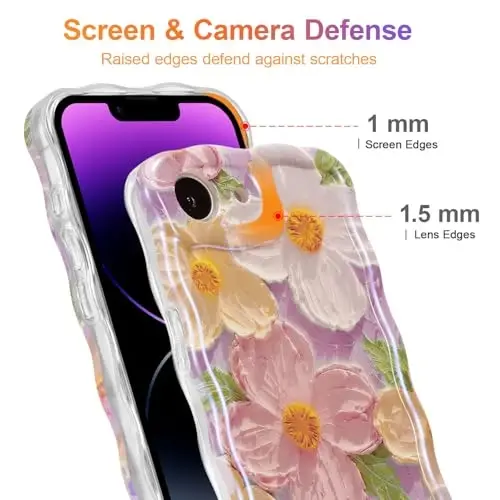 EYZUTAK Case for iPhone 16e, Colorful Retro Oil Painting Printed Flower Laser Glossy Pattern Cute Curly Wave Edge Exquisite Phone Cover Stylish Durable TPU Protective Case for Girl Women - Pink - 4
