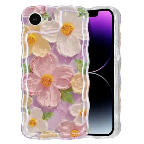 iPhone 16e için EYZUTAK Kılıfı, Renkli Retro Yağlı Boya Baskılı Çiçek Lazer Parlak Desen Sevimli Kıvırcık Dalga Kenarlı Zarif Telefon Kılıfı Şık Dayanıklı TPU Koruyucu Kılıf Kız Kadın için - Pembe 