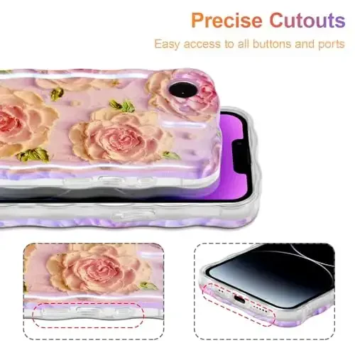 EYZUTAK Case for iPhone 16e, Colorful Retro Oil Painting Flower Laser Glossy Pattern Cute Curly Wave Edge Exquisite Phone Cover Stylish Durable TPU Protective Case for Girl Women - Pink Peony - 5