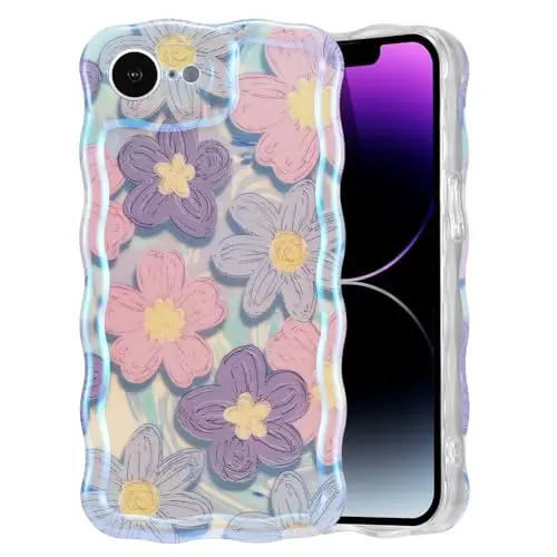 EYZUTAK Case for iPhone 16e, Colorful Retro Oil Painting Flower Laser Glossy Pattern Cute Curly Wave Edge Exquisite Phone Cover Stylish Durable TPU Protective Case for Girls Women - Pink Purple - EYZUTAK