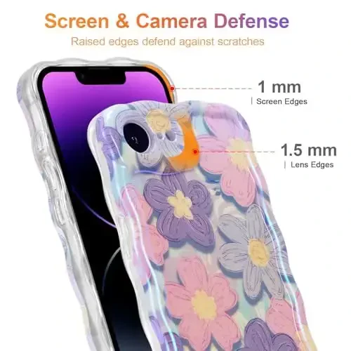 EYZUTAK Case for iPhone 16e, Colorful Retro Oil Painting Flower Laser Glossy Pattern Cute Curly Wave Edge Exquisite Phone Cover Stylish Durable TPU Protective Case for Girls Women - Pink Purple - 4