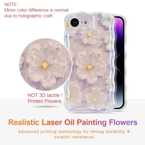 EYZUTAK Case for iPhone 17e/iPhone 16e, Colorful Retro Oil Painting Flower Laser Glossy Pattern Cute Curly Wave Edge Exquisite Phone Cover Stylish Durable TPU Protective Case for Women - Light Purple - 2