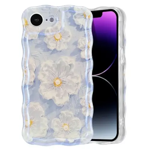 EYZUTAK Case for iPhone 16e, Colorful Retro Oil Painting Flower Laser Glossy Pattern Cute Curly Wave Edge Exquisite Phone Cover Stylish Durable TPU Protective Case for Girl Women - Light Blue 