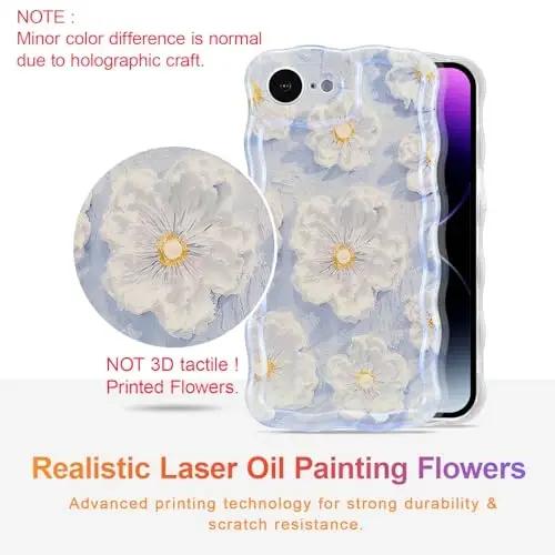EYZUTAK Case for iPhone 16e, Colorful Retro Oil Painting Flower Laser Glossy Pattern Cute Curly Wave Edge Exquisite Phone Cover Stylish Durable TPU Protective Case for Girl Women - Light Blue - EYZUTAK (1)