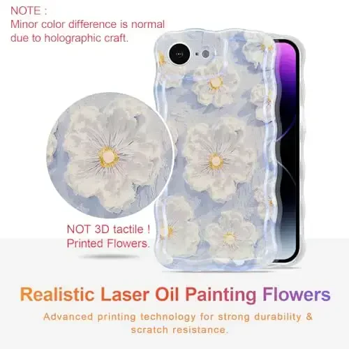 EYZUTAK Case for iPhone 16e, Colorful Retro Oil Painting Flower Laser Glossy Pattern Cute Curly Wave Edge Exquisite Phone Cover Stylish Durable TPU Protective Case for Girl Women - Light Blue - 2