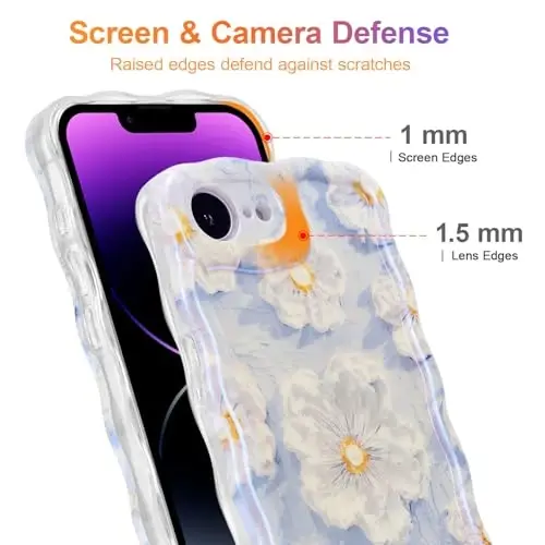 EYZUTAK Case for iPhone 17e/iPhone 16e, Colorful Retro Oil Painting Flower Laser Glossy Pattern Cute Curly Wave Edge Exquisite Phone Cover Stylish Durable TPU Protective Case for Girl Women-Light Blue - 4