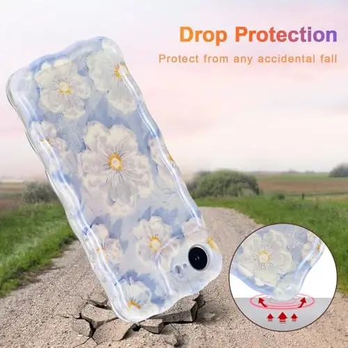 iPhone 16e için EYZUTAK Kılıfı, Renkli Retro Yağlı Boya Çiçek Lazer Parlak Desen Sevimli Kıvırcık Dalga Kenarlı Zarif Telefon Kılıfı Şık Dayanıklı TPU Koruyucu Kılıf Kız Çocuk Kadın - Açık Mavi - 3