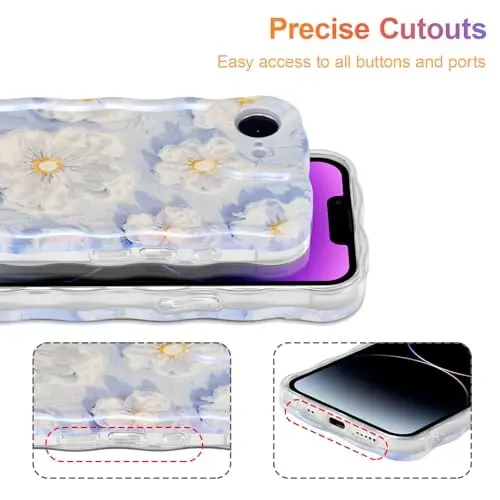 iPhone 16e için EYZUTAK Kılıfı, Renkli Retro Yağlı Boya Çiçek Lazer Parlak Desen Sevimli Kıvırcık Dalga Kenarlı Zarif Telefon Kılıfı Şık Dayanıklı TPU Koruyucu Kılıf Kız Çocuk Kadın - Açık Mavi - 5