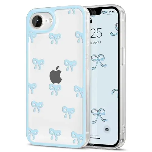 EYZUTAK Case for iPhone 16e, Clear Cute Ribbon Bowknot Pattern Aesthetic Transparent Phone Case Raised Camera Protection Stylish Slim Soft Durable TPU Protective Cover for Women Girls - Blue - 12