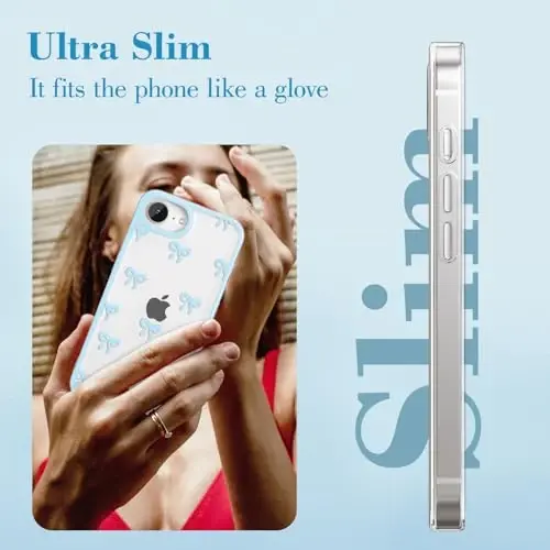 EYZUTAK Case for iPhone 16e, Clear Cute Ribbon Bowknot Pattern Aesthetic Transparent Phone Case Raised Camera Protection Stylish Slim Soft Durable TPU Protective Cover for Women Girls - Blue - 4