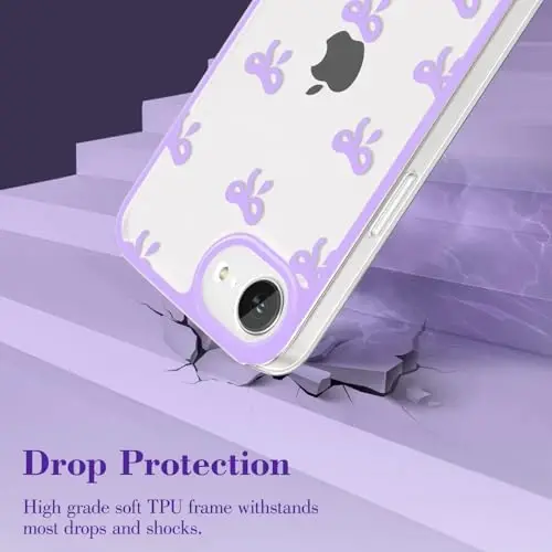 EYZUTAK Case for iPhone 16e, Clear Cute Ribbon Bowknot Pattern Aesthetic Transparent Phone Case Raised Camera Protection Stylish Slim Soft Durable TPU Protective Cover for Women Girls - Purple - 10