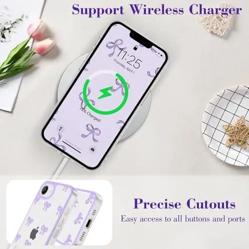EYZUTAK Case for iPhone 16e, Clear Cute Ribbon Bowknot Pattern Aesthetic Transparent Phone Case Raised Camera Protection Stylish Slim Soft Durable TPU Protective Cover for Women Girls - Purple - 8