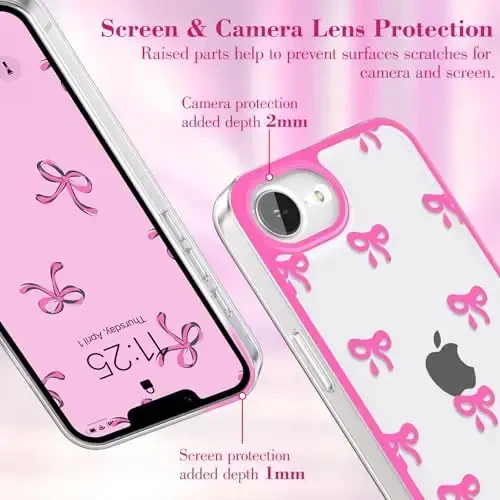 EYZUTAK Case for iPhone 16e, Clear Cute Ribbon Bowknot Pattern Aesthetic Transparent Phone Case Raised Camera Protection Stylish Slim Soft Durable TPU Protective Cover for Women Girls - Rose Red - 11