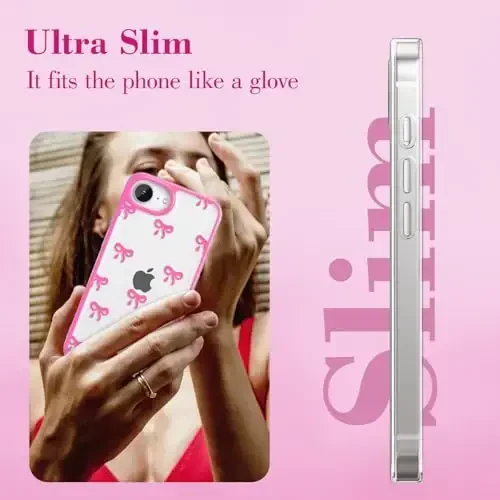 EYZUTAK Case for iPhone 16e, Clear Cute Ribbon Bowknot Pattern Aesthetic Transparent Phone Case Raised Camera Protection Stylish Slim Soft Durable TPU Protective Cover for Women Girls - Rose Red - 4