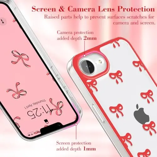 EYZUTAK Case for iPhone 16e, Clear Cute Ribbon Bowknot Pattern Aesthetic Transparent Phone Case Raised Camera Protection Stylish Slim Soft Durable TPU Protective Cover for Women Girls - Red - 11