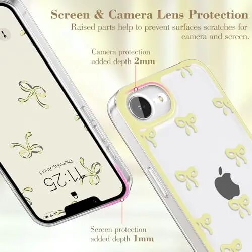 EYZUTAK Case for iPhone 16e, Clear Cute Ribbon Bowknot Pattern Aesthetic Transparent Phone Case Raised Camera Protection Stylish Slim Soft Durable TPU Protective Cover for Women Girls - Yellow - EYZUTAK (1)