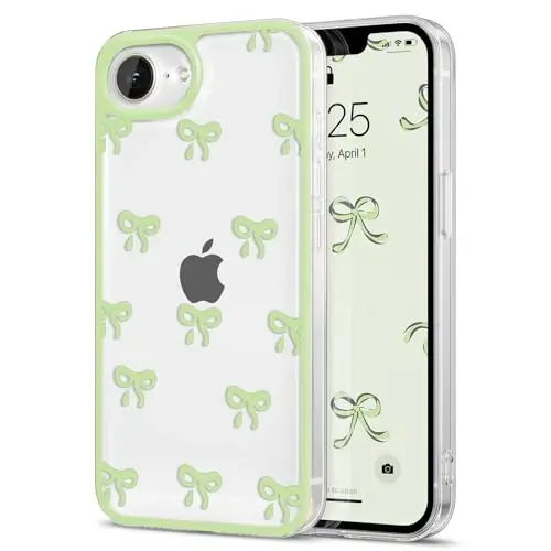 EYZUTAK Case for iPhone 16e, Clear Cute Ribbon Bowknot Pattern Aesthetic Transparent Phone Case Raised Camera Protection Stylish Slim Soft Durable TPU Protective Cover for Women Girls - Green - 1