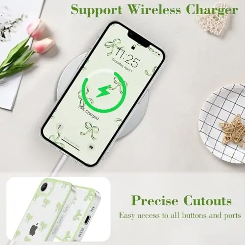 EYZUTAK Case for iPhone 16e, Clear Cute Ribbon Bowknot Pattern Aesthetic Transparent Phone Case Raised Camera Protection Stylish Slim Soft Durable TPU Protective Cover for Women Girls - Green - 9