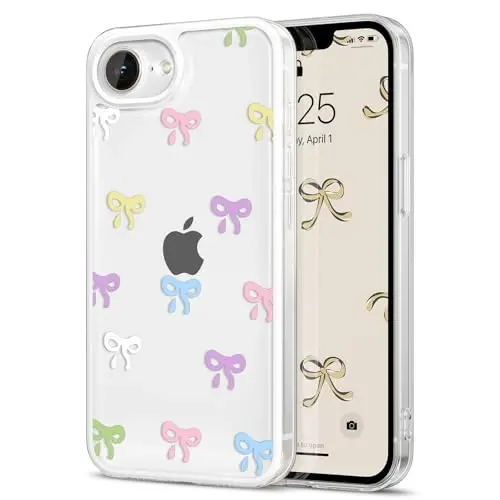 EYZUTAK Case for iPhone 16e, Clear Cute Ribbon Bowknot Pattern Aesthetic Transparent Phone Case Raised Camera Protection Stylish Slim Soft Durable TPU Protective Cover for Women Girls - Colorful 