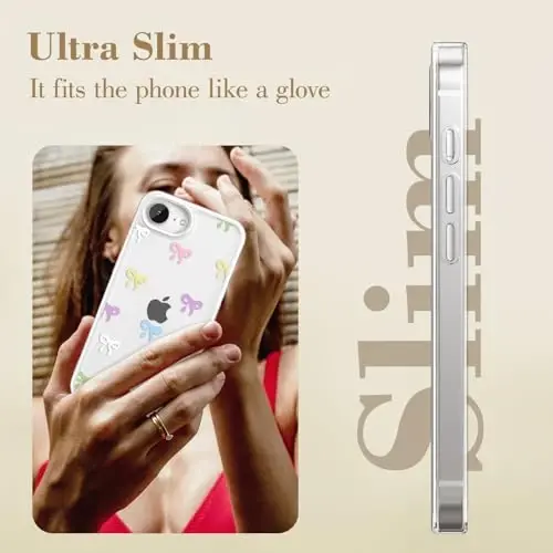 EYZUTAK Case for iPhone 16e, Clear Cute Ribbon Bowknot Pattern Aesthetic Transparent Phone Case Raised Camera Protection Stylish Slim Soft Durable TPU Protective Cover for Women Girls - Colorful - 4