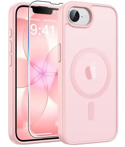 FNTCASE for iPhone 17e/ iPhone 16e Case, Fit for Magsafe, Screen Protector | Translucent Matte Magnetic Back, 14FT Military Grade Drop Protection, Shockproof Protective Phone Cover, Light Pink 