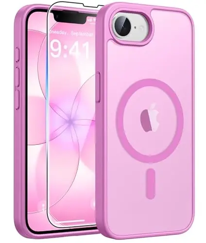 FNTCASE for iPhone 17e/ iPhone 16e Case, Fit for Magsafe, Screen Protector | Translucent Matte Magnetic Back, 14FT Military Grade Drop Protection, Shockproof Protective Phone Cover, Pink 