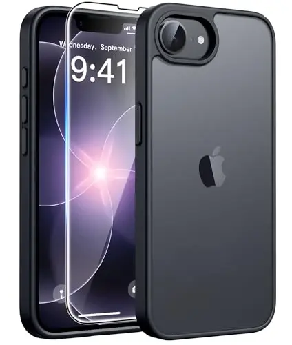FNTCASE for iPhone 17e/16e Case, Screen Protector, Translucent Matte Back | 14FT Military Grade Drop Protection, Shockproof Protective Phone Cover, Black Matte 