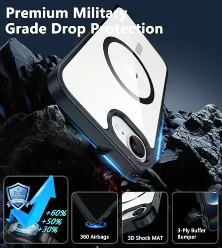 FNTCASE for iPhone 16e Case Clear: Magnetic Phone Cases with Screen Protector Compatible with Magsafe Slim Anti Yellowing Rugged Shockproof Protective Transparent Cell Phone Cover (B-Black) - 2